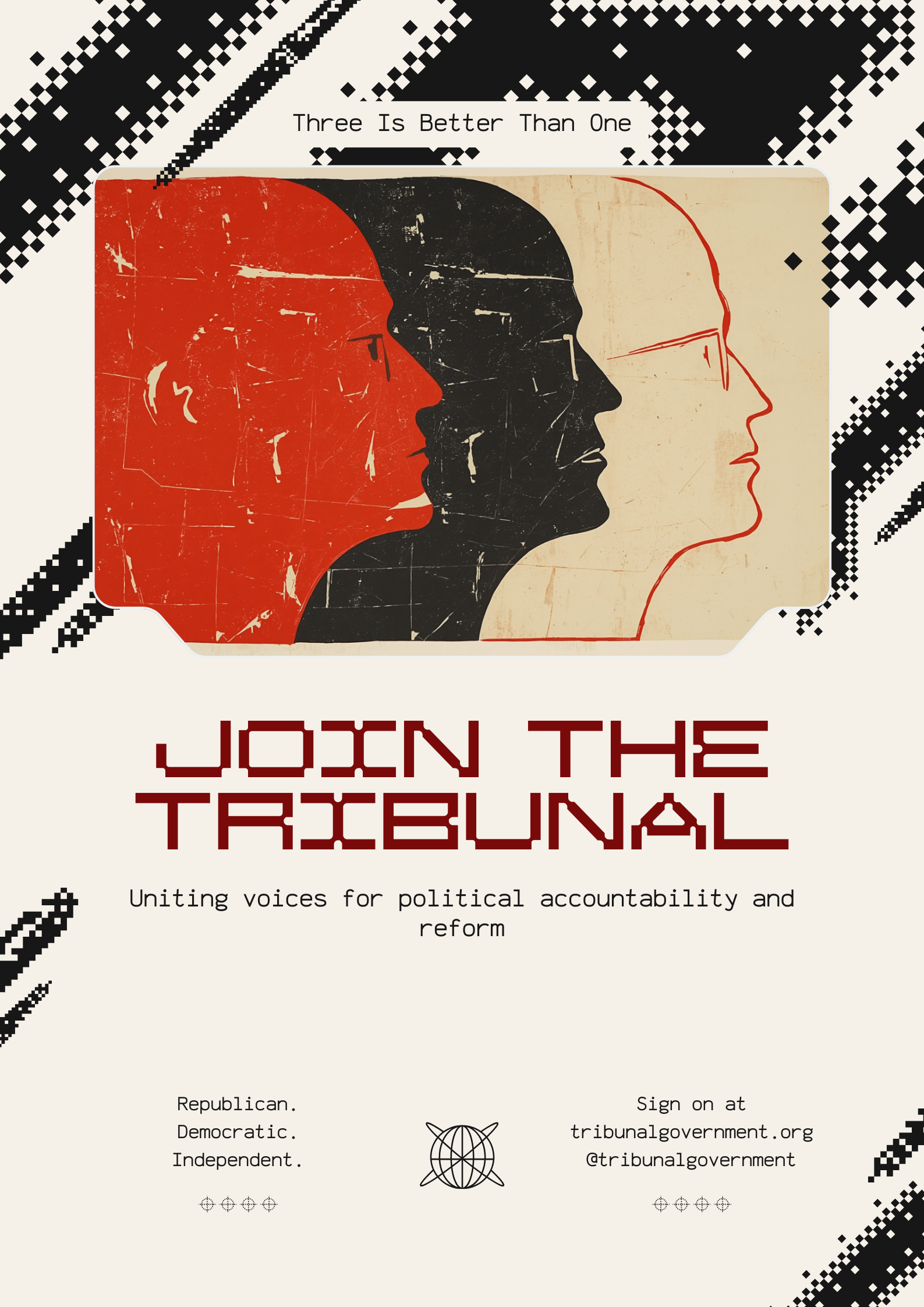 Join the Tribunal — three head silhouettes in red, black, and cream representing Republican, Democratic, and Independent
